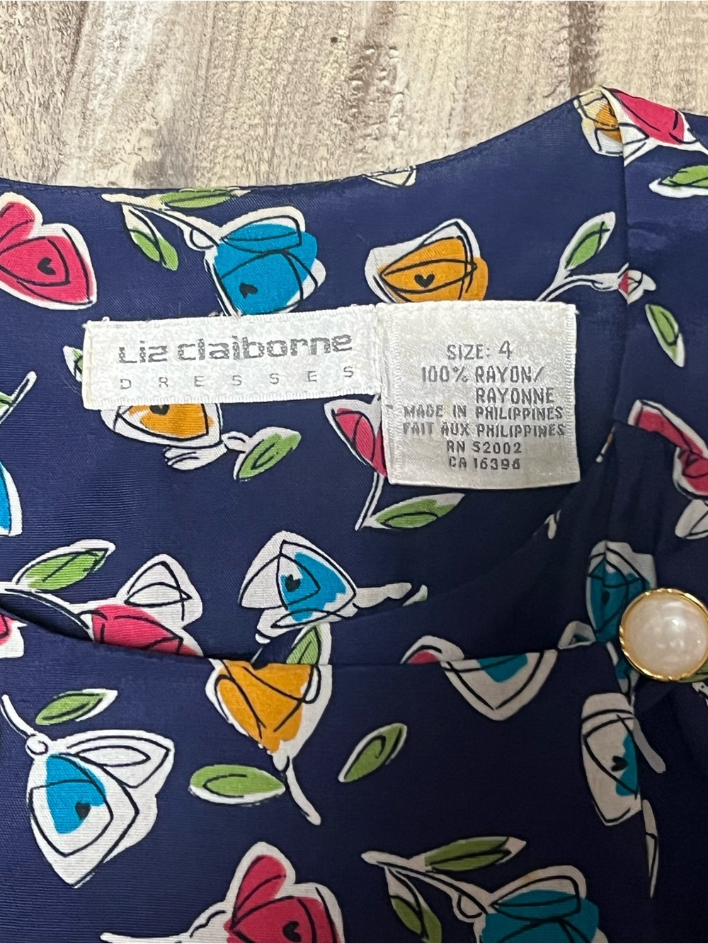 VTG 80s Liz Claiborne Rayon Shirtwaist Midi Dress Abstract Floral Belt Sz 4 - Picture 4 of 8